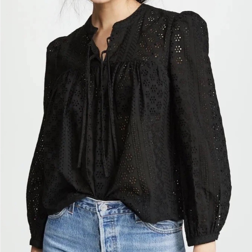 NWT Madewell Black Eyelet Double Tie Peasant Long Sleeve Top Sz. Small